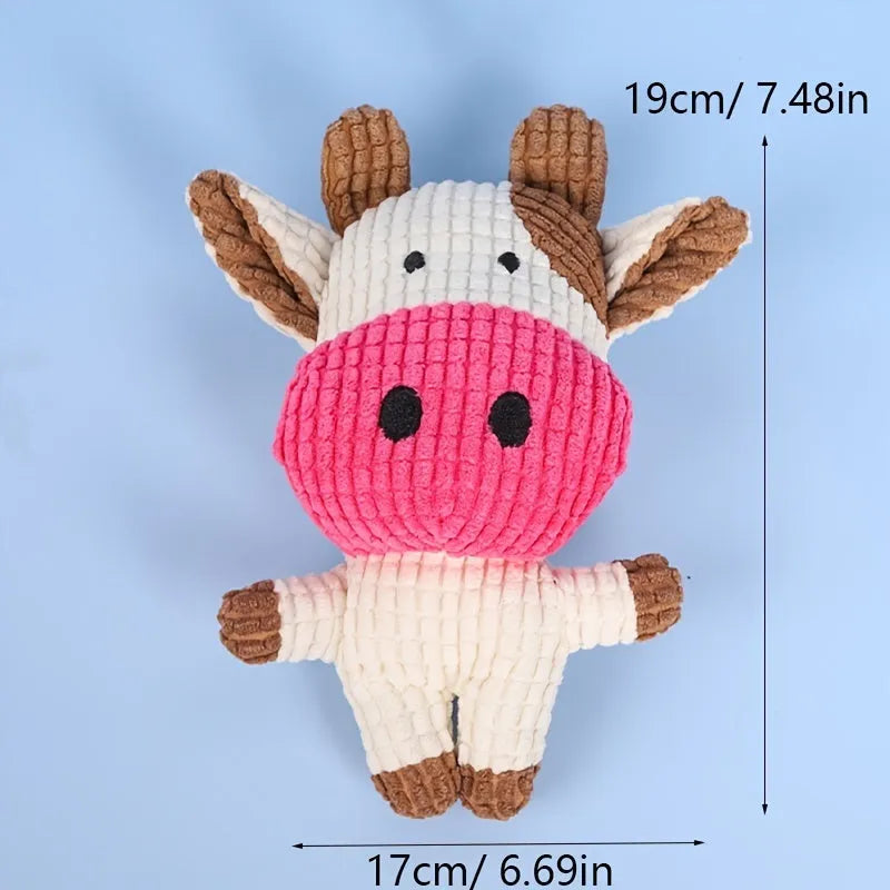 Animal shaped plush dog chew toy with squeaker in bright colours
