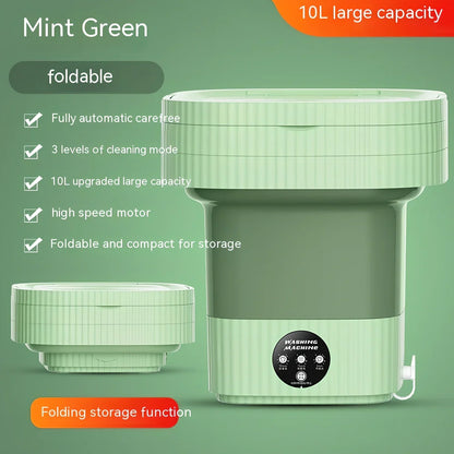 Compact purple folding washing machine with UK plug, measuring 30cm wide with 10L capacity drain basket