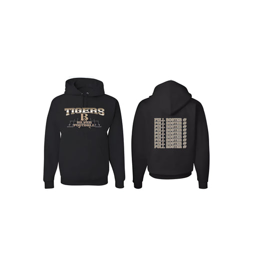 Black drop-shoulder sleeve polyester pullover hoodie on a hanger.