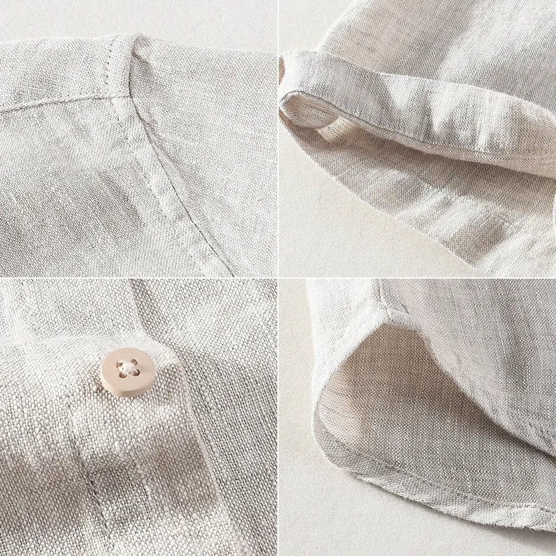 Men's linen square collar shirt with short sleeves in raw jute colour, cardigan style