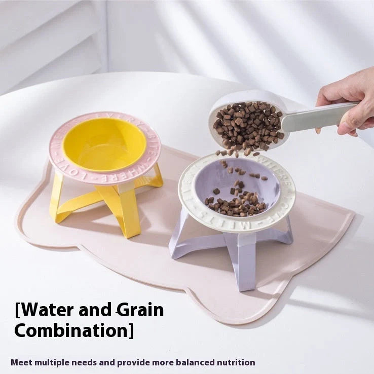 Ceramic cat bowl with iron anti-tip frame in blue colour with silicone pad