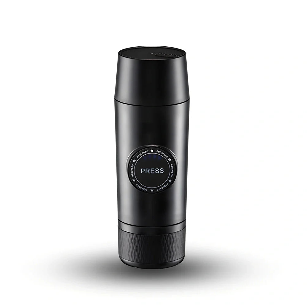 Mini portable espresso maker with rechargeable battery showing 18-bar pressure system and 80ml water tank