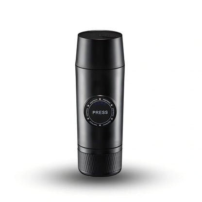 Mini portable espresso maker with rechargeable battery showing 18-bar pressure system and 80ml water tank
