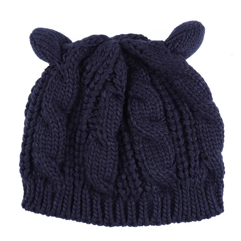 Handmade 3D cat ear knitted beanie in multiple colours showing 25cm width and 22cm height dimensions