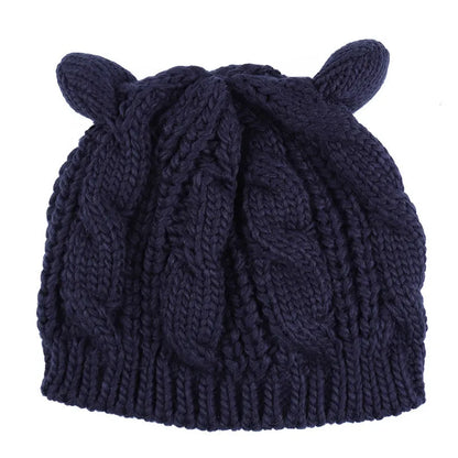 Handmade 3D cat ear knitted beanie in multiple colours showing 25cm width and 22cm height dimensions