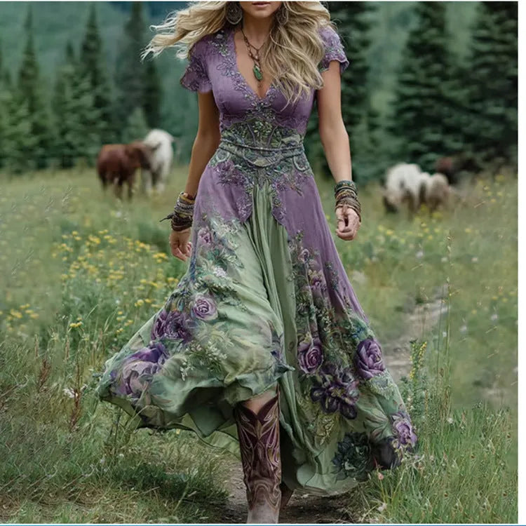 Women's loose creative pattern totem deep V-neck short sleeve dress in artistic retro style