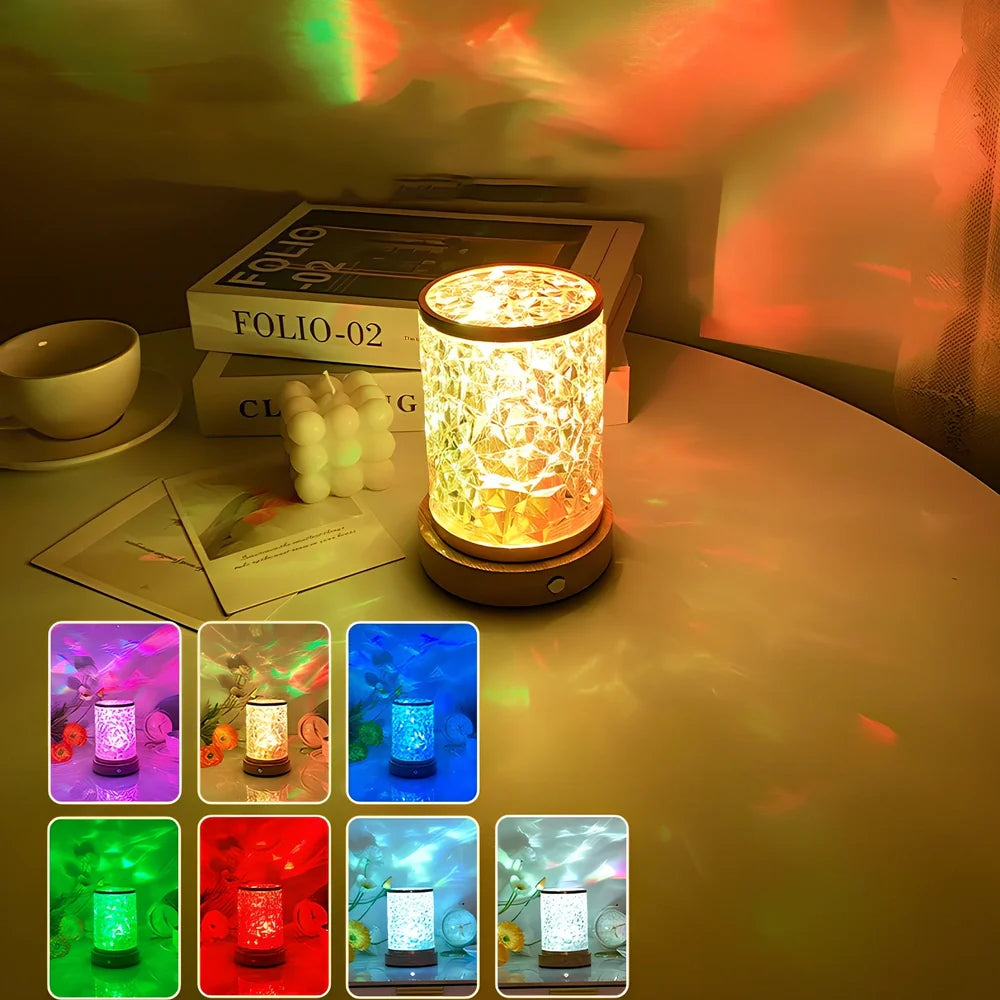 Gold crystal night light projecting water ripples with rotating mechanism and wooden base