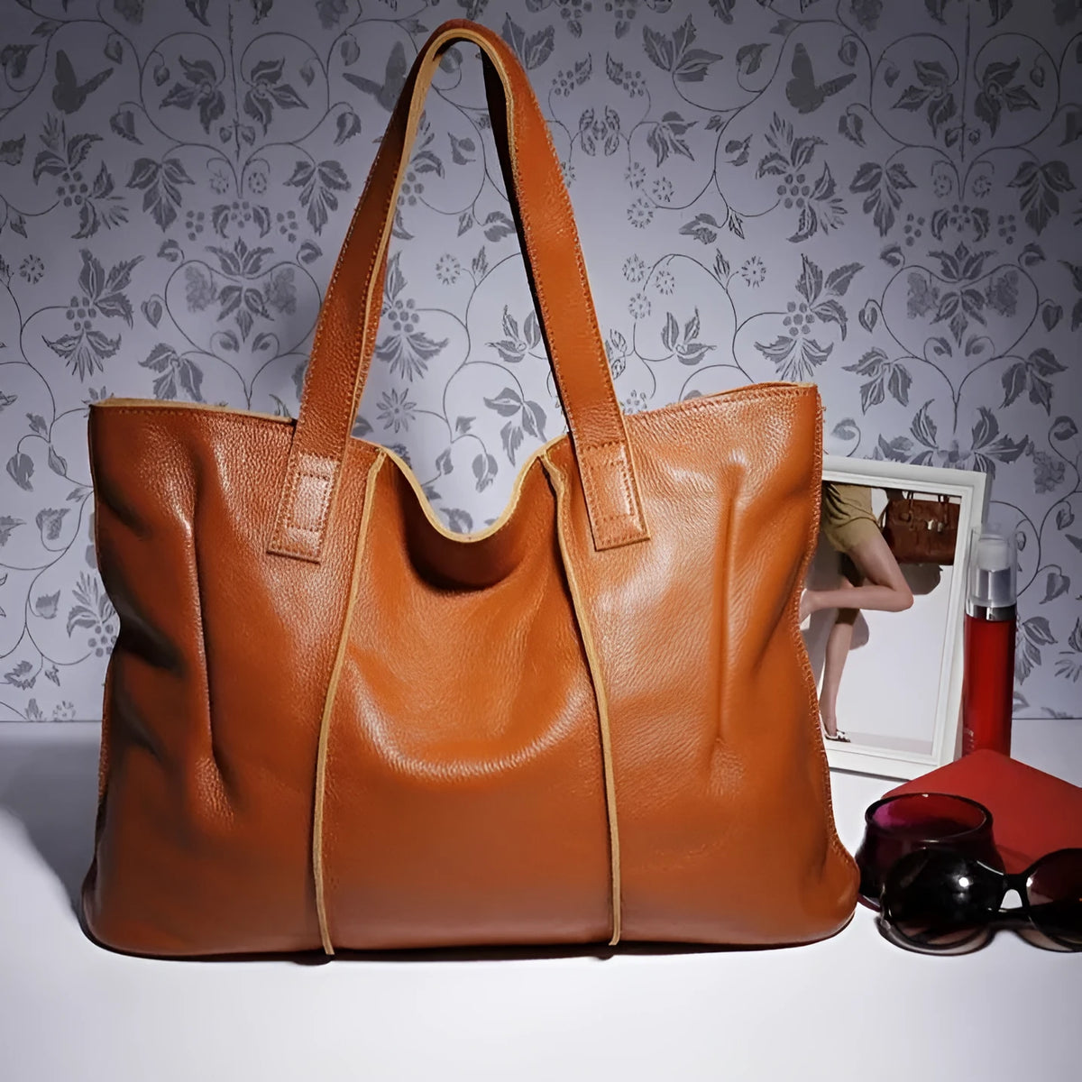 Top grain leather single shoulder tote bag in apricot with stitching and patchwork, soft genuine leather, women's daily wear bag.