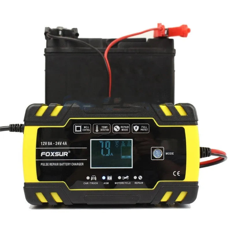 Battery charger with screen display showing charging parameters for 12V and 24V lead-acid batteries