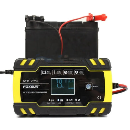 Battery charger with screen display showing charging parameters for 12V and 24V lead-acid batteries