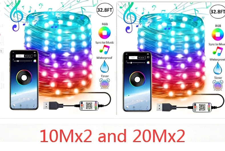 Programmable LED Christmas tree lights with app control showing custom colour animations on festive tree