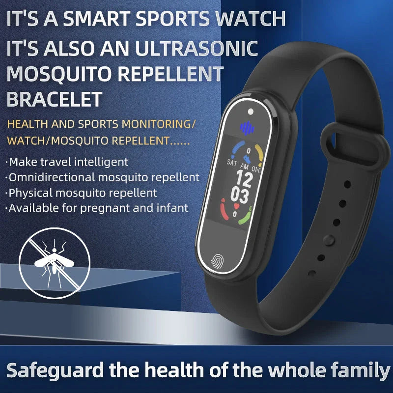 Ultrasonic mosquito repellent bracelet in black and white colors, designed for comfortable all-day wear and effective pest control during outdoor activities.