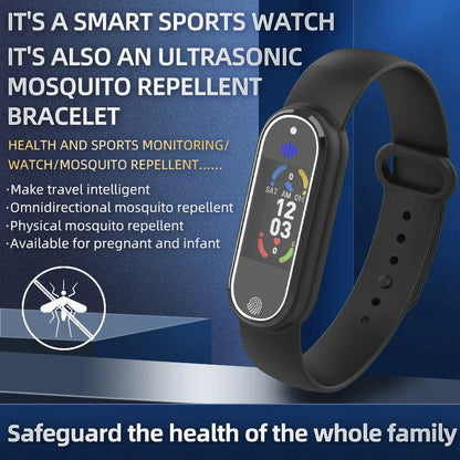Ultrasonic mosquito repellent bracelet in black and white colors, designed for comfortable all-day wear and effective pest control during outdoor activities.