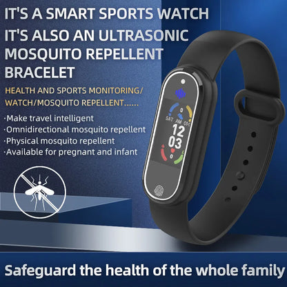 Black and white ultrasonic mosquito repellent bracelet with USB charging port on wristband