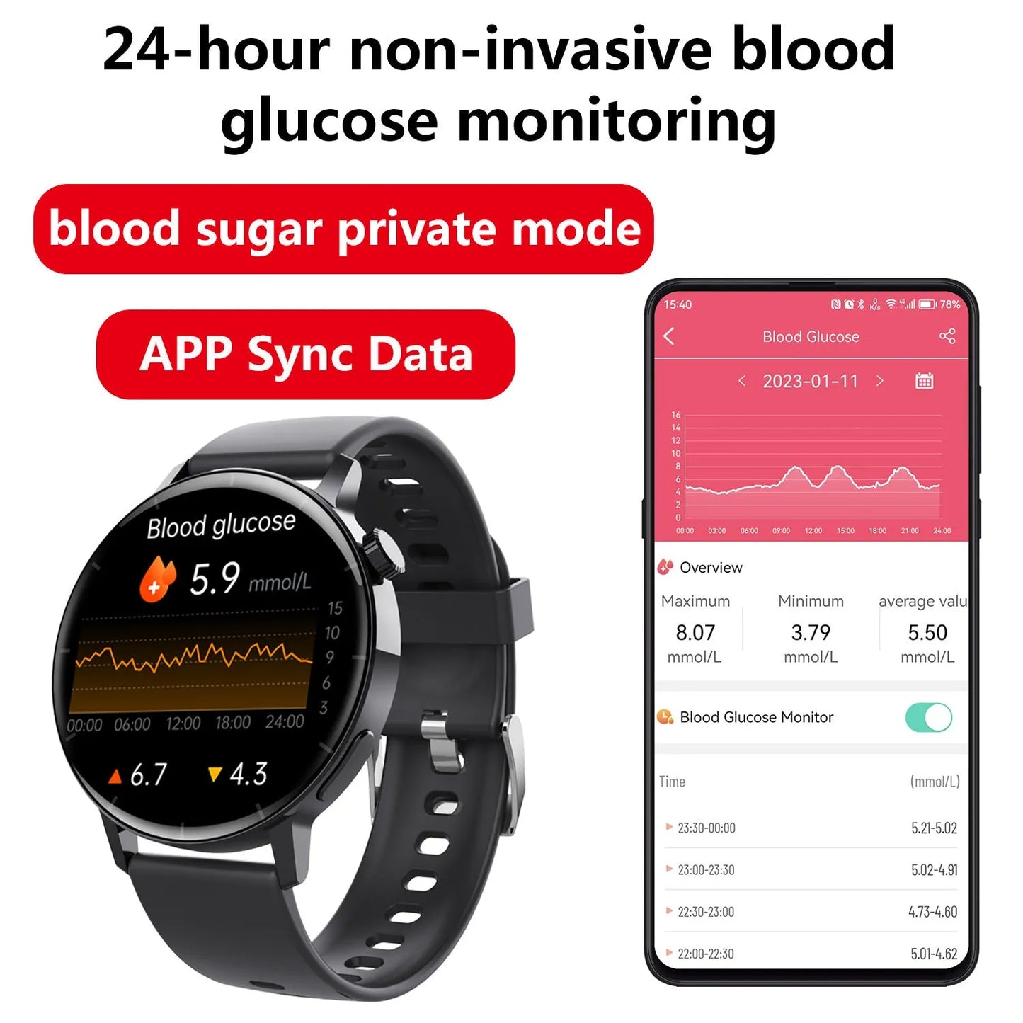 F67S blood glucose smart watch with leather strap showing health monitoring display