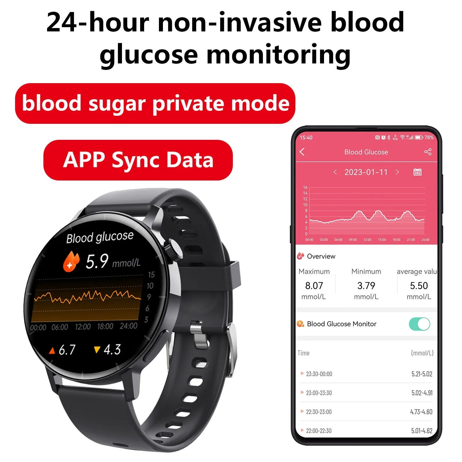 F67S blood glucose smart watch with leather strap showing health monitoring display