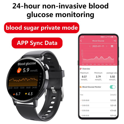 F67S blood glucose smart watch with leather strap showing health monitoring display