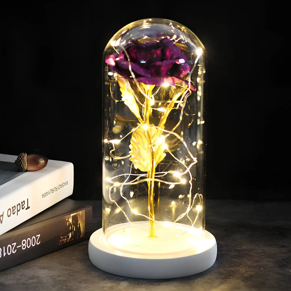 Little Prince rose arrangement under 20x9cm glass dome with gold foil flowers