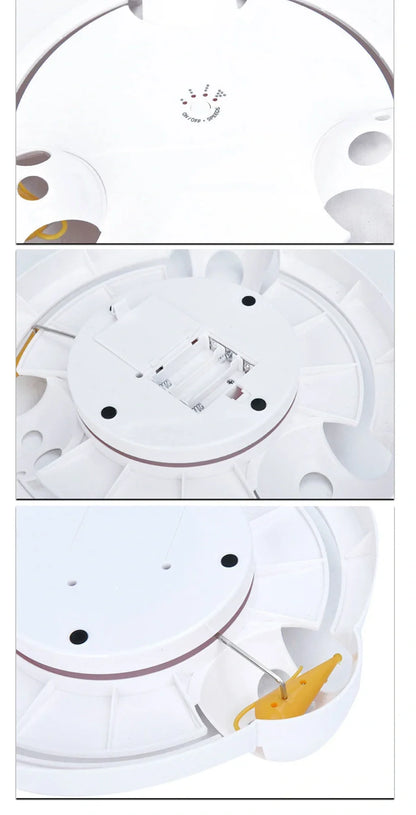 White automatic cat toy with 32cm rotating platform on hardwood floor
