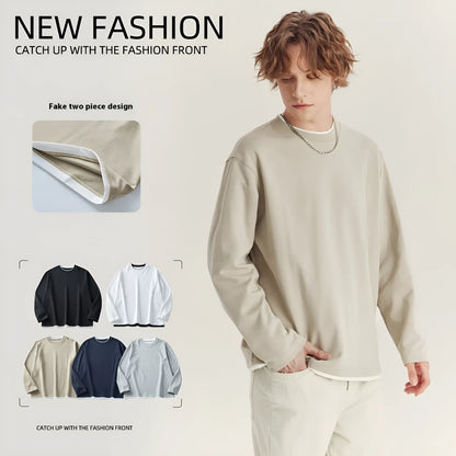 Men's loose fit long-sleeved cotton blend t-shirt in solid colour on hanger