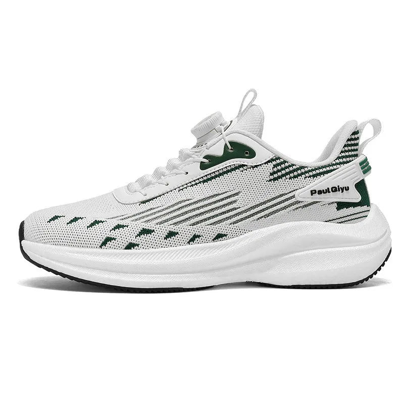 Men's white green and grey rotating buckle Fly-kit mesh casual sports running shoes on a flat sole.