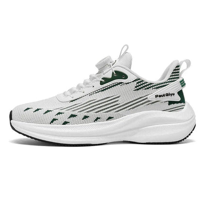 Men's white green and grey rotating buckle Fly-kit mesh casual sports running shoes on a flat sole.