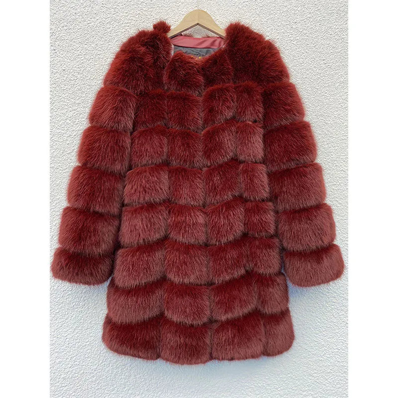 Women's thick warm fur coat in artificial fabric, 80cm length, available in five colours including black and apricot