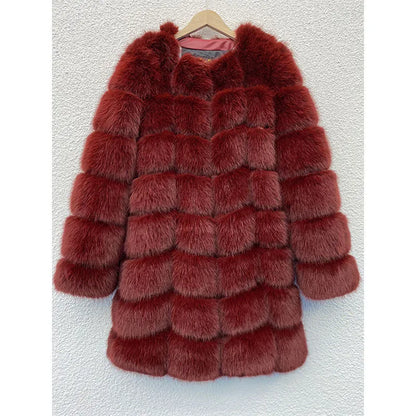 Women's thick warm fur coat in artificial fabric, 80cm length, available in five colours including black and apricot
