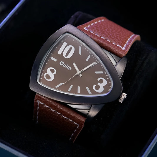 Men's casual triangle belt dial quartz watch with stainless steel bracelet in brown colour.
