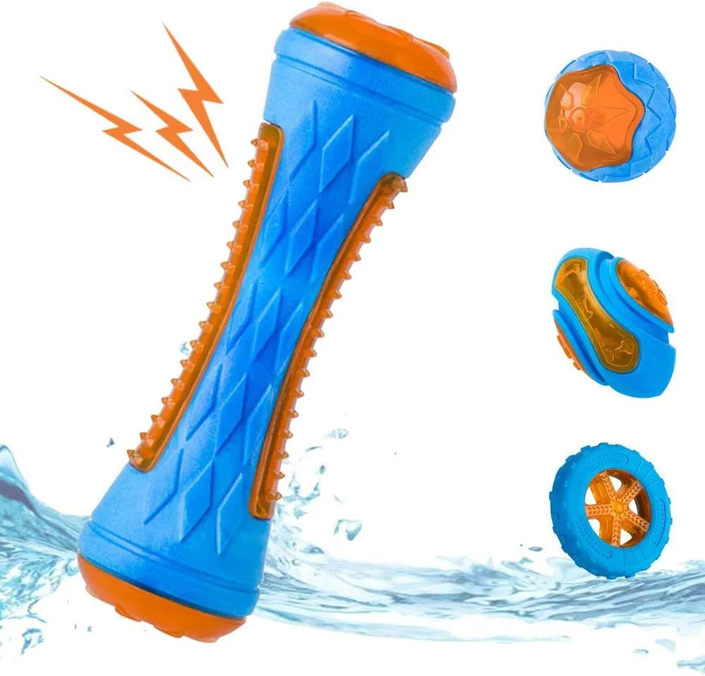 Three dog toys: blue ball, red barbell, and orange tire with bumpy textures for floating fetch games