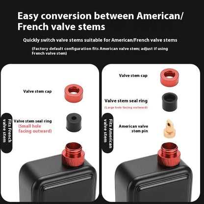 Black portable electric bike pump with TYPE-C charging port and multiple inflation nozzles