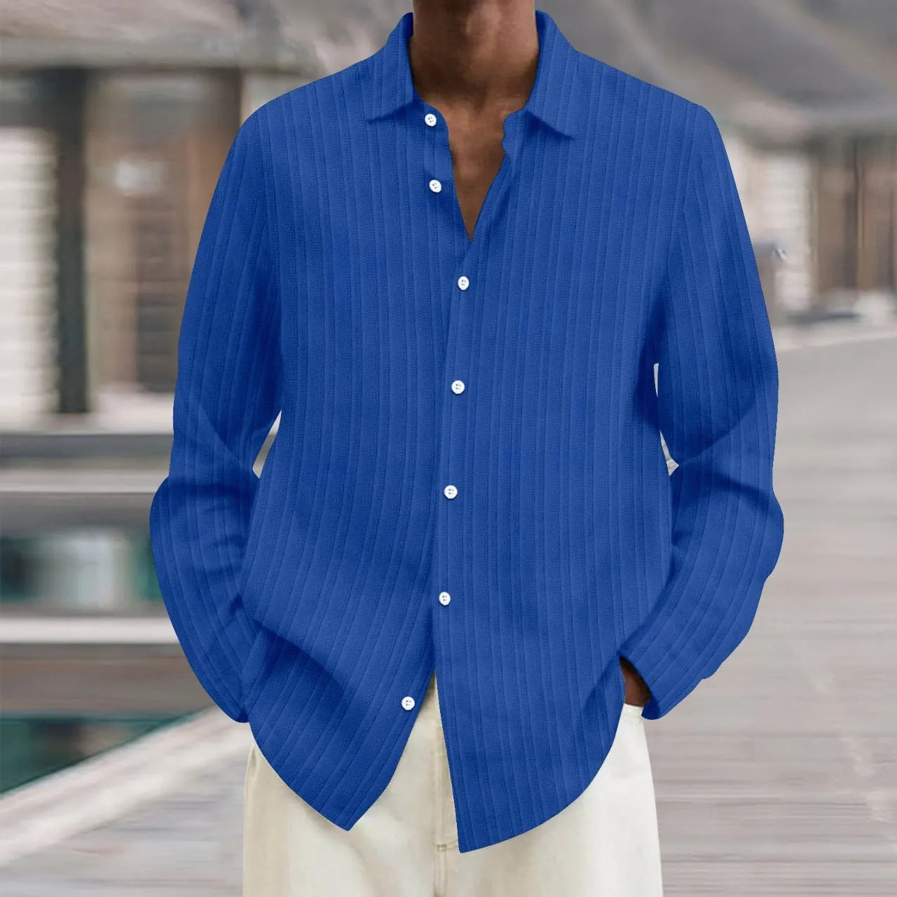 Men's striped British style cardigan shirt in polyester flat mop cloth fabric