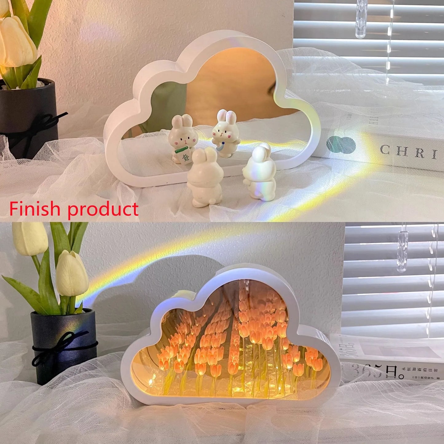DIY tulip-shaped night lamp kit with LED lights and mirror surface in assorted colours on a desk.