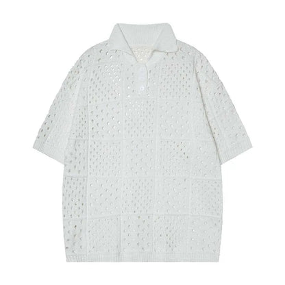 Knitted polo shirt short sleeve in solid black colour showing loose fit design