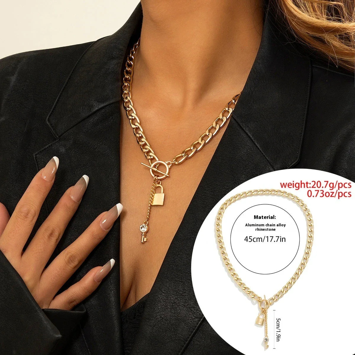 Stylish lock and key pendant necklace with a delicate chain, available in a variety of colors and materials