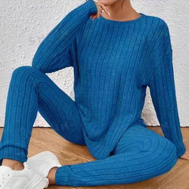 Sunken Stripe two-piece homewear set in black or blue with regular sleeves, sizes 1XL to 5XL