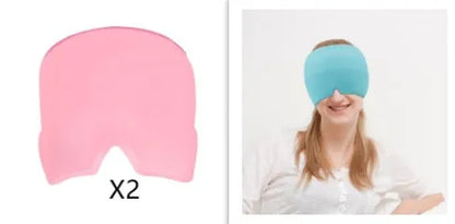 Black elastic cooling gel eye mask for headache relief placed on a forehead.