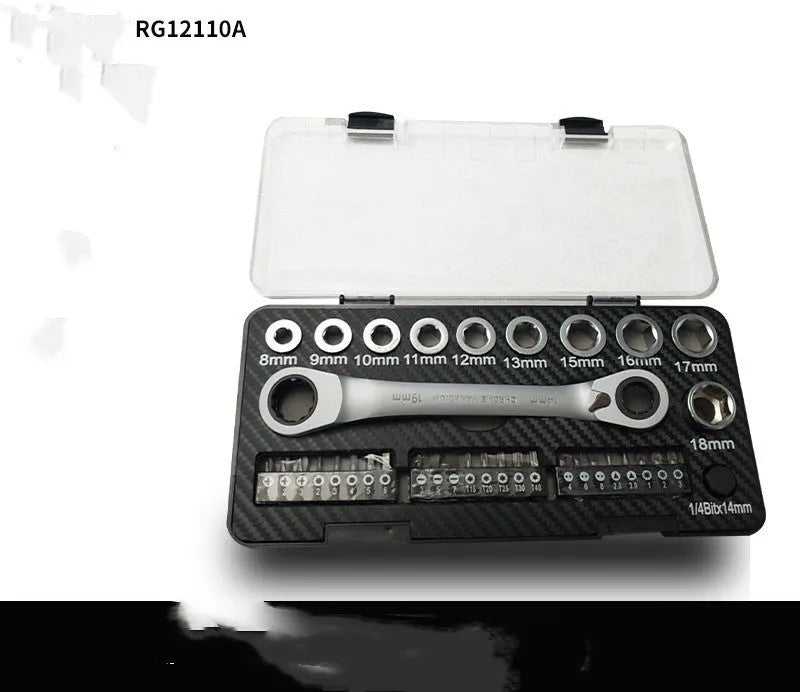 Double-ended ratchet wrench set with sockets and screwdriver bits laid out
