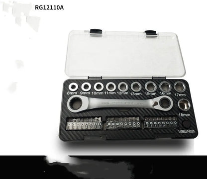 Double-ended ratchet wrench set with sockets and screwdriver bits laid out