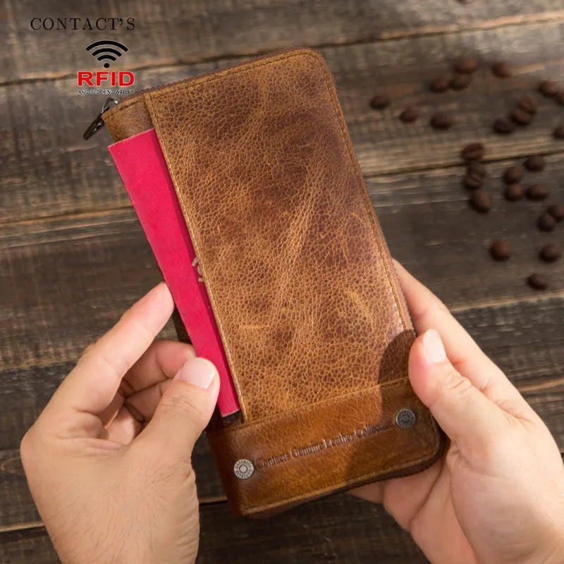 Genuine leather wallet men's long bi-fold anti-theft RFID card swiping zipper coin purse made from first layer cowhide with polyester lining in brown, coffee, dark blue, or wine red colours
