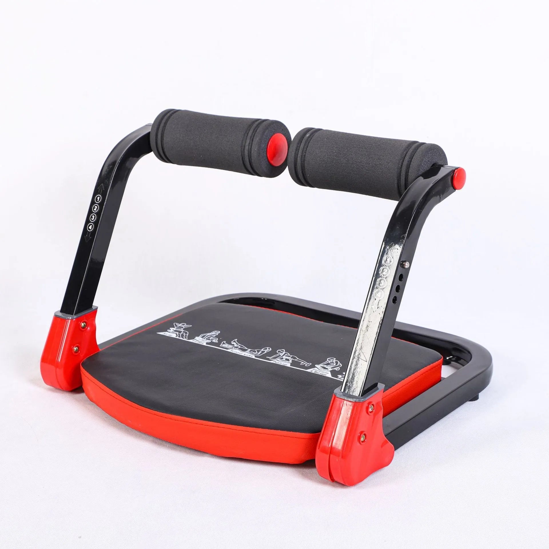 Sky blue and red compact abdominal exercise device with a 23cm diameter on a plain background.