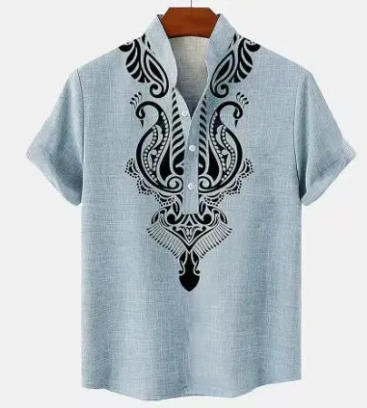 Men's striped casual linen shirt with personalised buttons showing loose fit and colour options