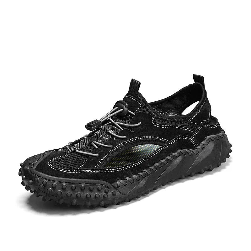 Men's black waterproof sports sandals with leather mesh upper, elastic band, and rubber sole.
