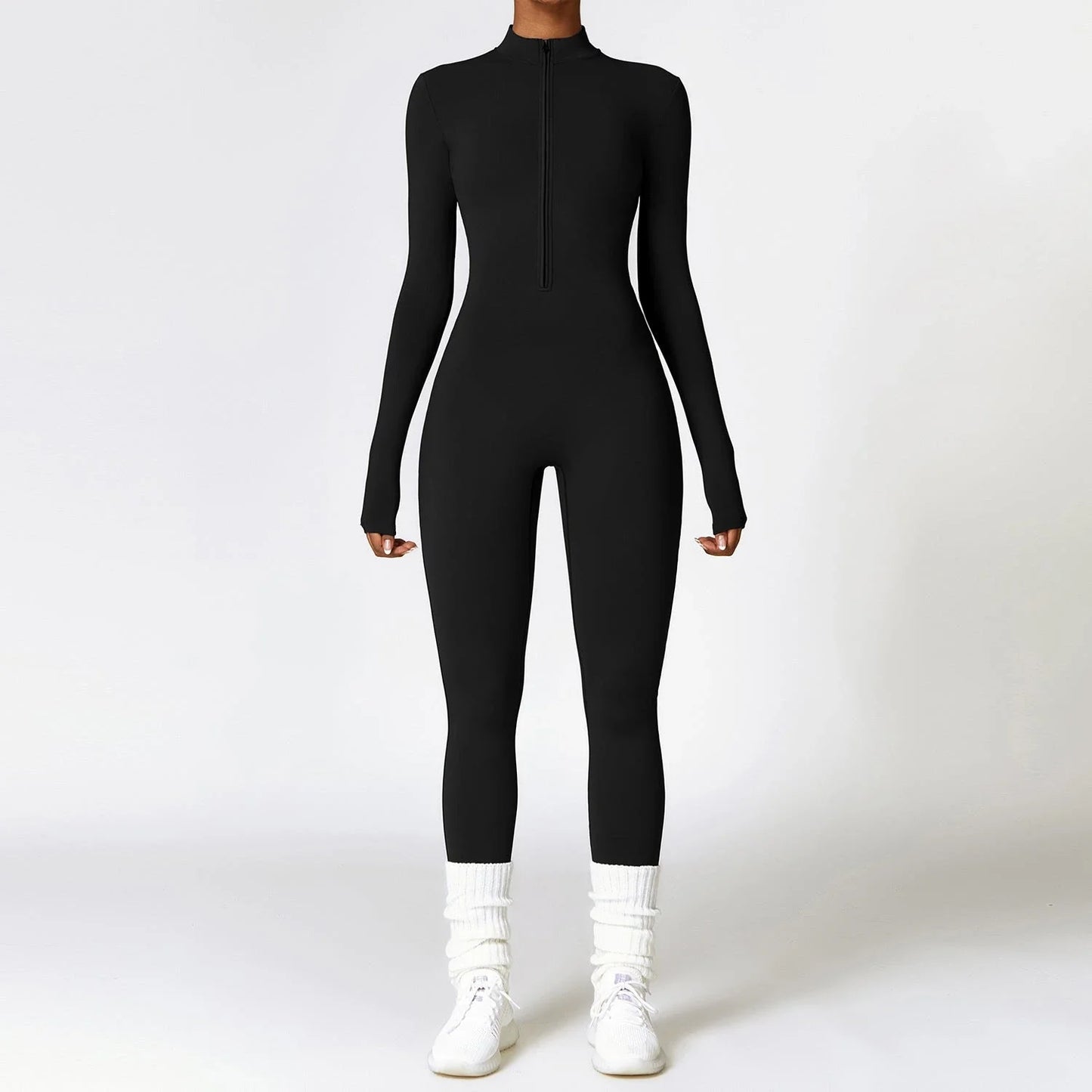 Cozy zippered jumpsuit in various colors, designed for yoga, fitness, and sports activities
