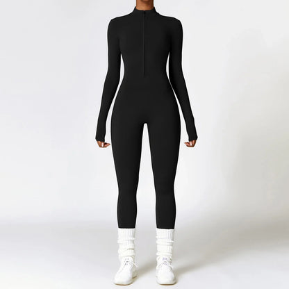 Cozy zippered jumpsuit in various colors, designed for yoga, fitness, and sports activities