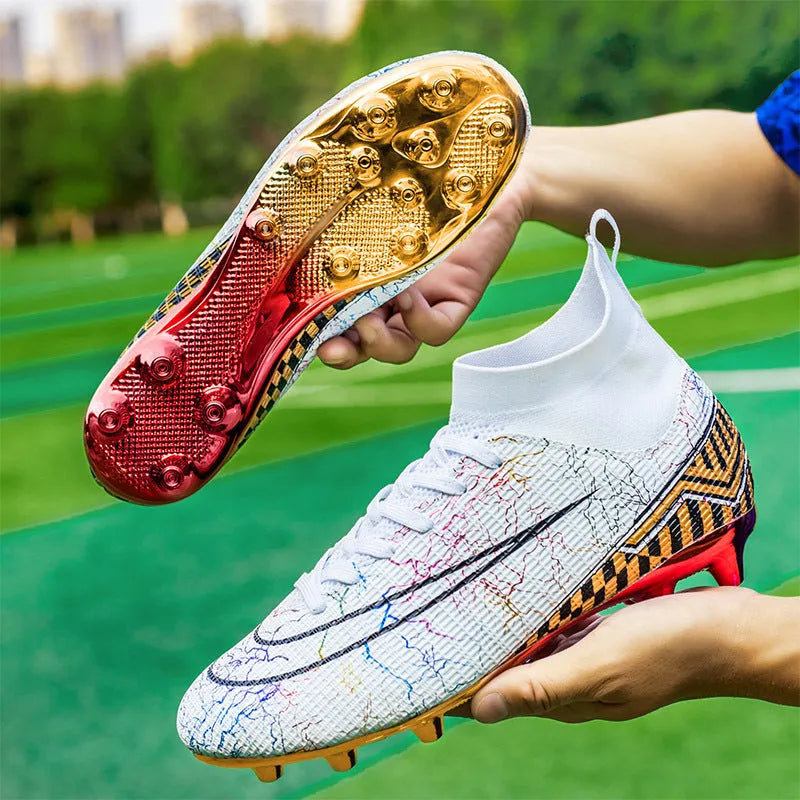High-top soccer training shoes with gold-plated PVC soles in white, black, and mandarin duck colour options