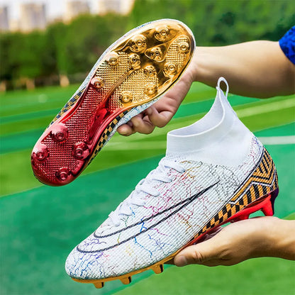 High-top soccer training shoes with gold-plated PVC soles in white, black, and mandarin duck colour options