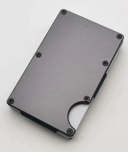 Aluminium grey carbon fibre credit card wallet with RFID-blocking feature.
