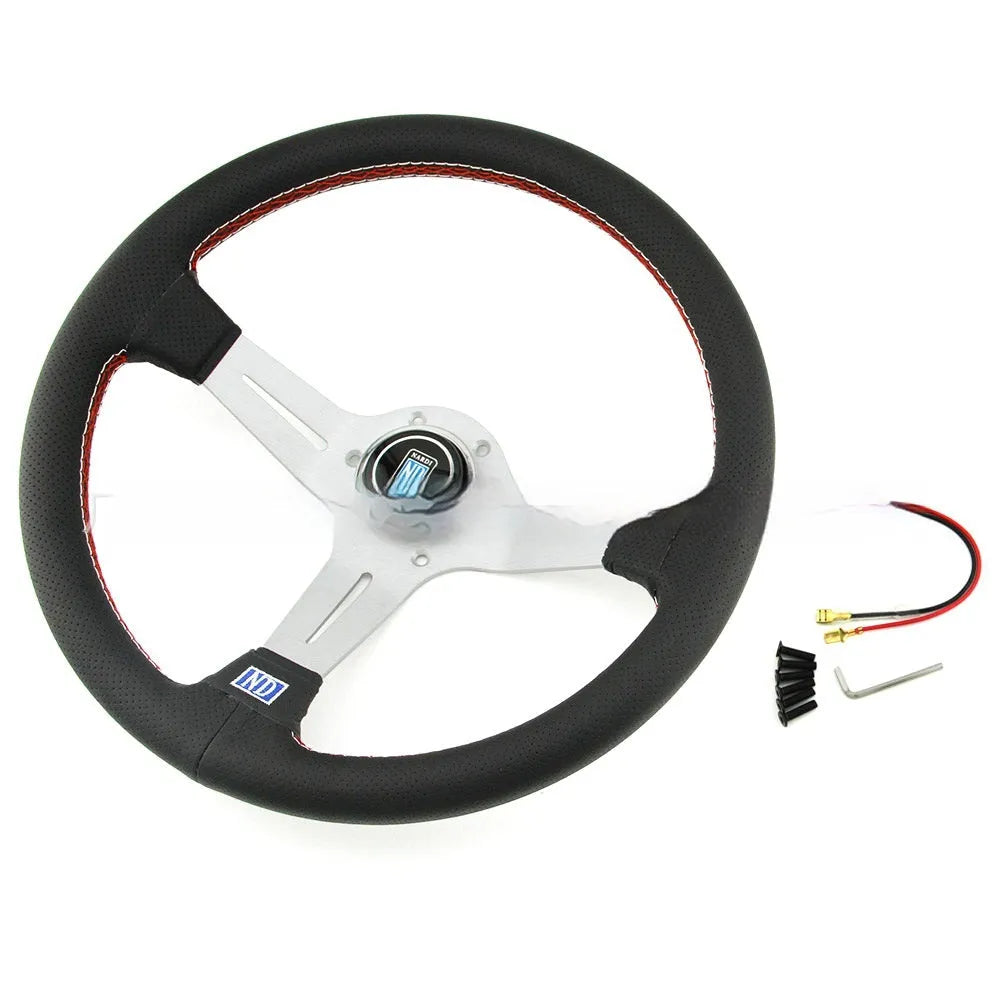 Leather-wrapped 14-inch steering wheel with middle concave shape and black or silver skeleton options