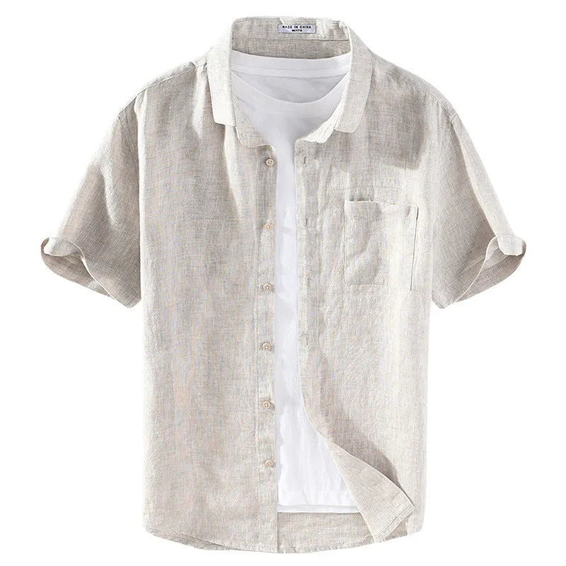 Men's linen square collar shirt with short sleeves in raw jute colour, cardigan style